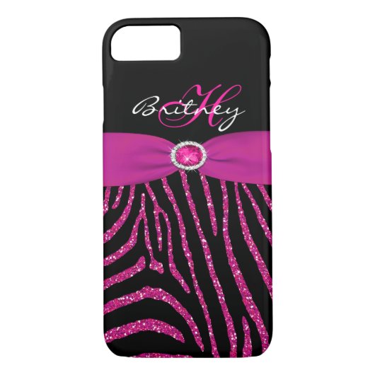 Monogram roze, zwart Glitter Zebra iPhone 7 Hoesje (Achterkant)