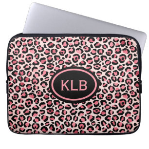 Monogram Roze Zwart Leopard Dierenprint Laptop Sleeve