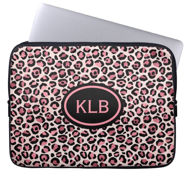 Monogram Roze Zwart Leopard Dierenprint Laptop Sleeve (Voorkant)