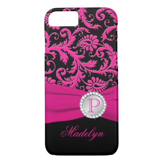 Monogram roze zwart Silver Damask iPhone 7 Hoesje (Achterkant)