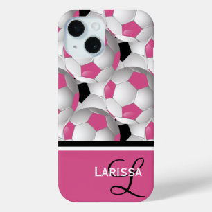 Monogram roze zwart Voetbal Patroon iPhone 15 Case