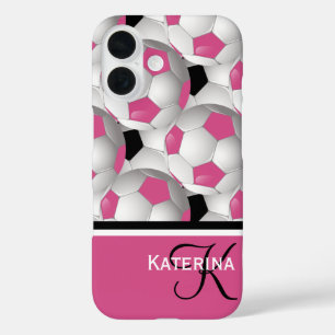 Monogram roze zwart Voetbal Patroon iPhone 16 Hoesje
