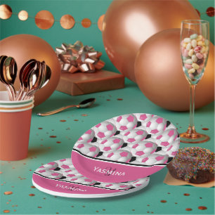 Monogram roze zwart Voetbal Patroon Papieren Bordje
