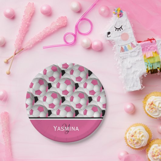 Monogram roze zwart Voetbal Patroon Papieren Bordje (Feest)