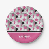 Monogram roze zwart Voetbal Patroon Papieren Bordje (Voorkant)