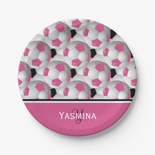 Monogram roze zwart Voetbal Patroon Papieren Bordje (Voorkant)
