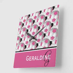 Monogram roze zwart Voetbal Patroon Vierkante Klok