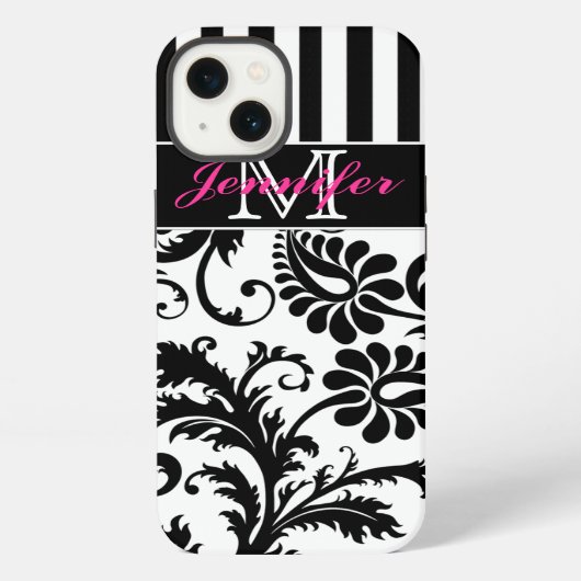 Monogram roze zwart wit gestreept damast iPad Air iPhone Hoesje (Achterkant)