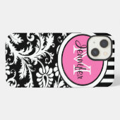 Monogram roze, zwart, witte streped Damask iPad iPhone Hoesje (Achterkant horizontaal)