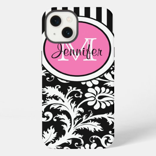 Monogram roze, zwart, witte streped Damask iPad iPhone Hoesje (Achterkant)