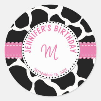 Monogram roze zwarte Koe Afdrukdatum naam Ronde Sticker