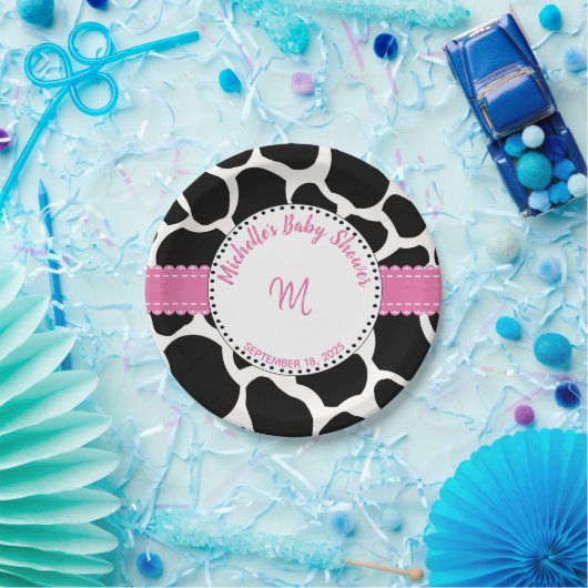 Monogram roze zwarte Koe Afdruknaam Papieren Bordje (Feest)