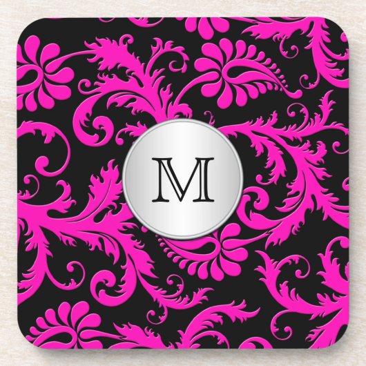 Monogram roze zwarte Silver Damask Onderzetter Set (Voorkant)