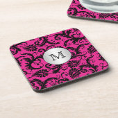 Monogram roze zwarte Silver Damask Onderzetter Set (Linkerzijde)