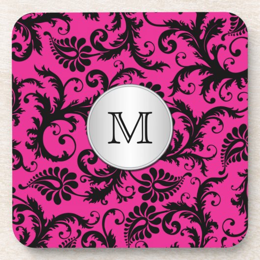 Monogram roze zwarte Silver Damask Onderzetter Set (Voorkant)