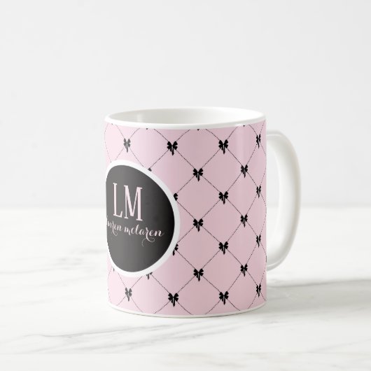 Monogram Roze & Zwarte Strik Script Mug Koffiemok (Voorkant rechts)