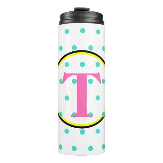 Monogram Roze Zwarte Turquoise Stippen Thermosbeker (Voorkant)