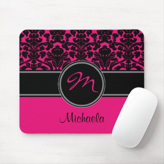 Monogram roze zwarte witte Damask Mousepad Muismat (Met muis)