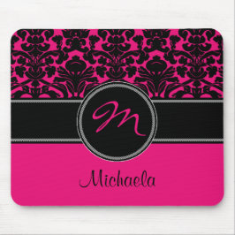 Monogram roze zwarte witte Damask Mousepad Muismat