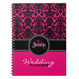 Monogram roze zwarte witte Damask Wedding Planner Notitieboek