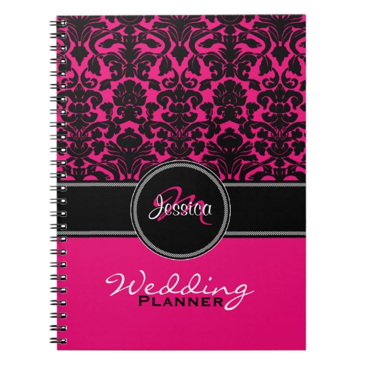 Monogram roze zwarte witte Damask Wedding Planner Notitieboek (Voorkant)