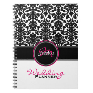 Monogram roze zwarte witte Damask Wedding Planner Notitieboek