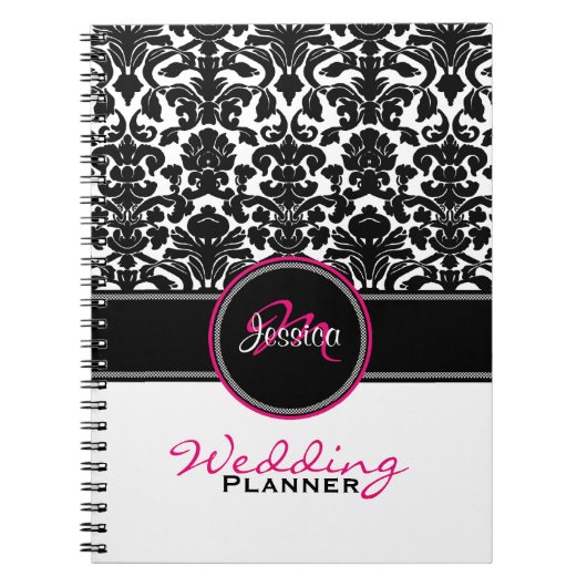 Monogram roze zwarte witte Damask Wedding Planner Notitieboek (Voorkant)