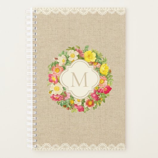 Monogram Rozen Floral Wreath Linen Planner (Voorkant)