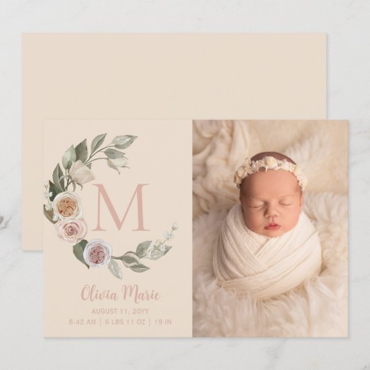 Monogram Rozen Foto Baby geboorte Aankondiging (Voorkant / Achterkant)