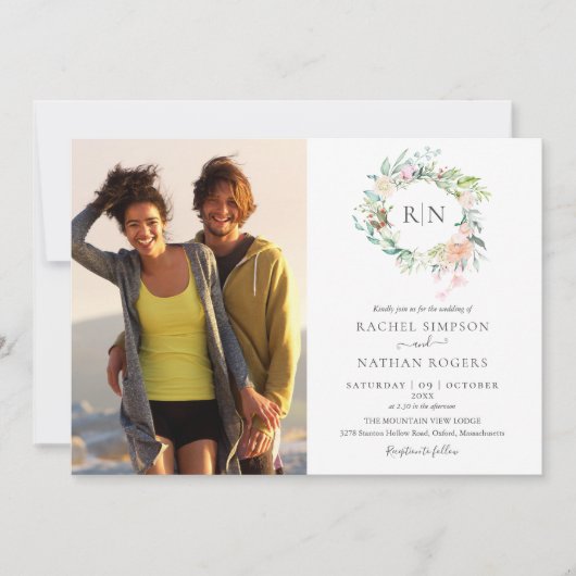 Monogram Rozen Greenery Floral 2 Foto bruiloft Kaart (Voorkant)