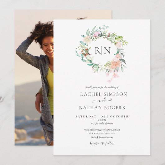 Monogram Rozen Greenery Floral Foto Weddenschap Kaart (Voorkant / Achterkant)