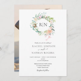 Monogram Rozen Greenery Floral Foto Weddenschap Kaart