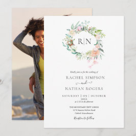 Monogram Rozen Groene Bloemen Foto Bruiloft Kaart