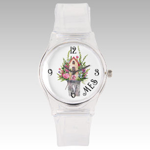 Monogram, Rozen Sprookjesachtige Cottage Clear Sil Horloge