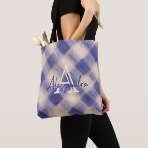 Monogram ruit tartan marineblauw crème kalligrafie tote bag