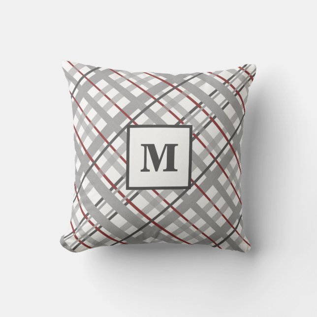 Monogram ruitpatroon rood grijs zilver kussen (Voorkant)