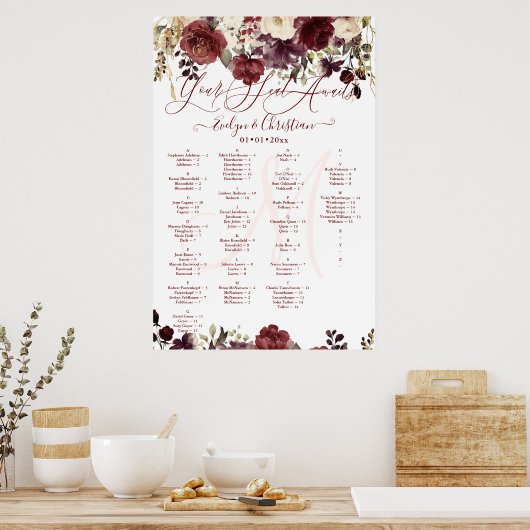 Monogram Rustic Bloom Blush Burgundy Herfst Kleur Poster (Keuken)