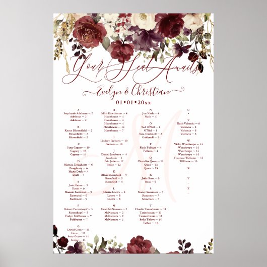 Monogram Rustic Bloom Blush Burgundy Herfst Kleur Poster (Voorkant)