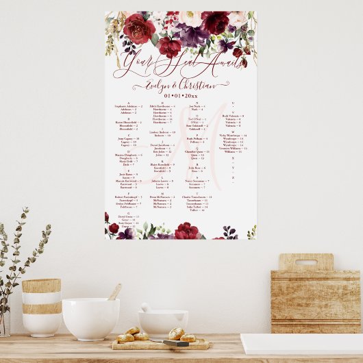 Monogram Rustic Bloom Roze Burgundy Stof Paars Poster (Keuken)