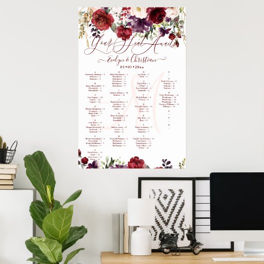 Monogram Rustic Bloom Roze Burgundy Stof Paars Poster (Thuiskantoor)