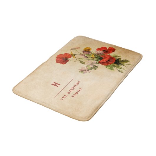 Monogram  Rustic Bouquet Red Poppies beige Badmat (Gekanteld)
