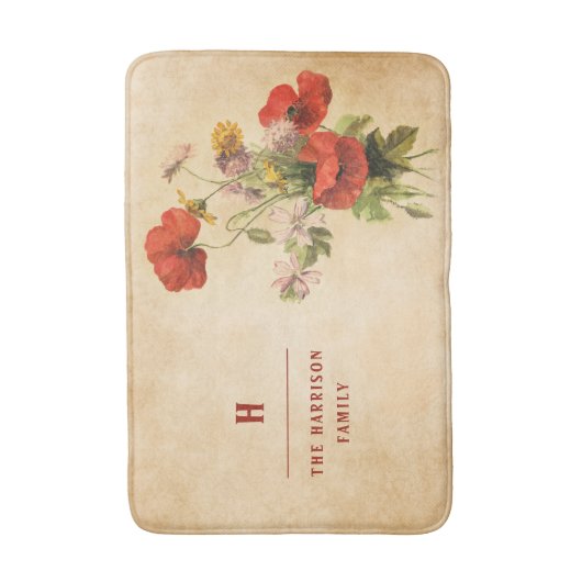 Monogram  Rustic Bouquet Red Poppies beige Badmat (Voorkant Verticaal)