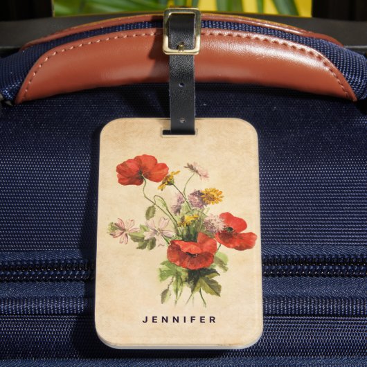 Monogram Rustic Bouquet Red Poppies beige Bagagelabel (Voorkant Insitu 2)