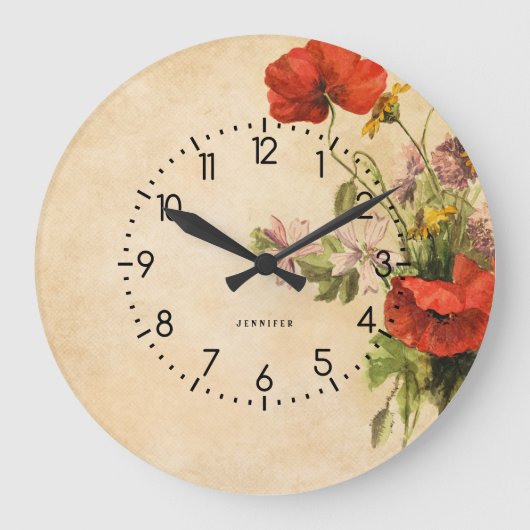 Monogram  Rustic Bouquet Red Poppies beige Grote Klok (Voorkant)