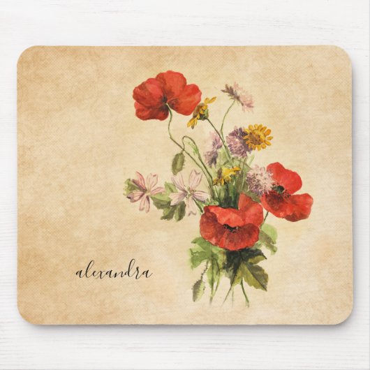 Monogram Rustic Bouquet Red Poppies beige Muismat (Voorkant)