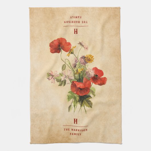 Monogram  Rustic Bouquet Red Poppies beige Theedoek (Verticaal)