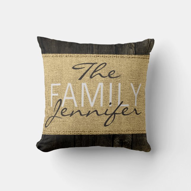 Monogram Rustic Burlap Black Wood Kijk uit Kussen (Voorkant)