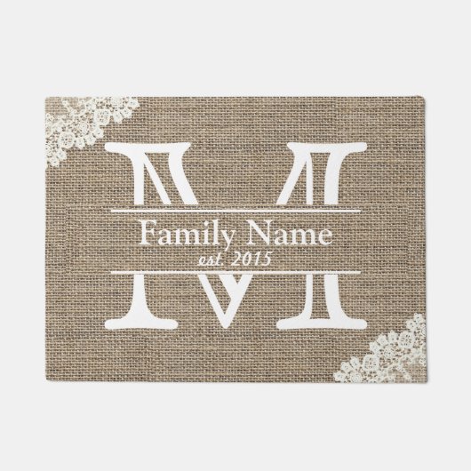 Monogram Rustic Burlap & Lace Familienaam Deurmat (Voorkant)