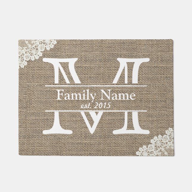 Monogram Rustic Burlap & Lace Familienaam Deurmat (Voorkant)
