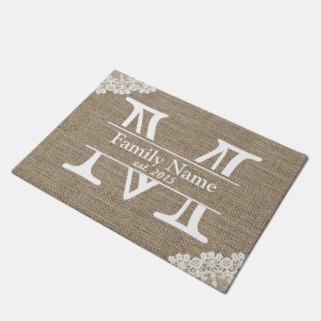 Monogram Rustic Burlap & Lace Familienaam Deurmat (Schuin)